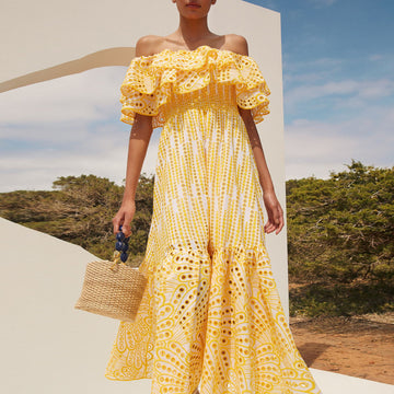 Woochic robe cocktail longue brodée col bateau à volants double épaisseur jaune S